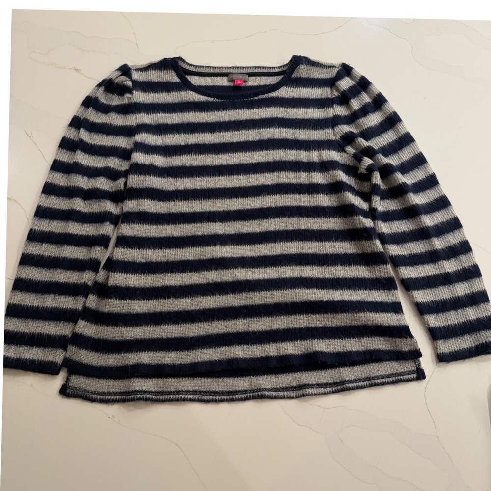 Vince Camuto Striped Fuzzy Pullover Sweater Top Navy‎ Gray XL